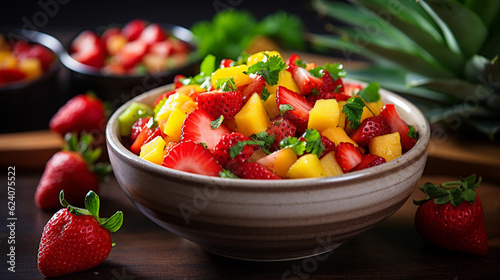 A bowl of refreshing and colorful fruit salsa, featuring diced mango, pineapple, and strawberries