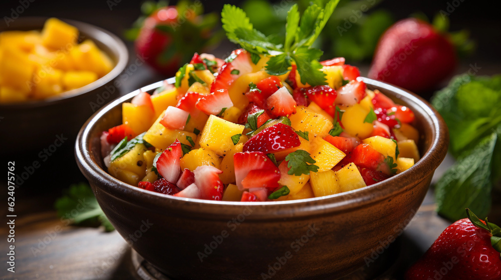 A bowl of refreshing and colorful fruit salsa, featuring diced mango, pineapple, and strawberries A bowl of refreshing and colorful fruit salsa, featuring diced mango, pineapple, and strawberries