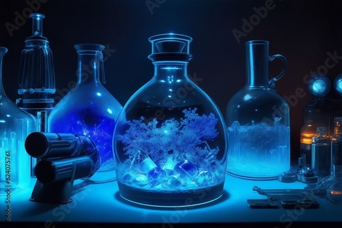 A detailed view of a glass flask, illuminated by a bright blue light, surrounded by a variety of nuclear testing tools.Created with generative AI 