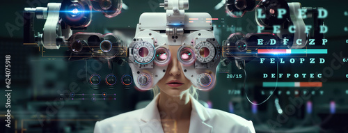 doctor at a optical clinic with futuristic ophthalmoscope equipment performing eye test and vision cure research as wide banner with copy space area - Generative Ai