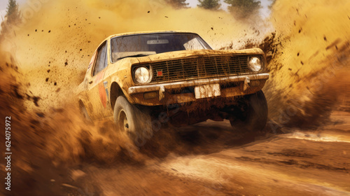 A SUV racing down a muddy dirt race track spraying mud everywhere. Generative AI © piai