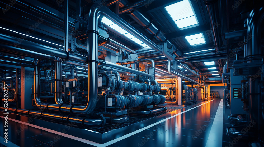 Fototapeta premium Equipment, cables and piping as found inside of a industrial power plant,