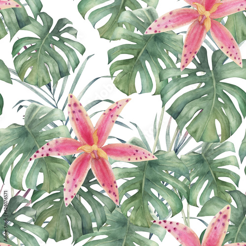 Watercolor tropical seamless pattern with palml leaves, flowers. Vintage hand painted print. Art background