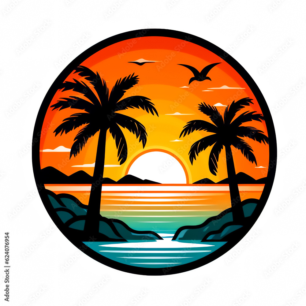 Palm trees against the sea.
Palm trees against the backdrop of sunset or dawn.
The postcard symbolizes rest, vacation and tourism. Generative AI illustration
