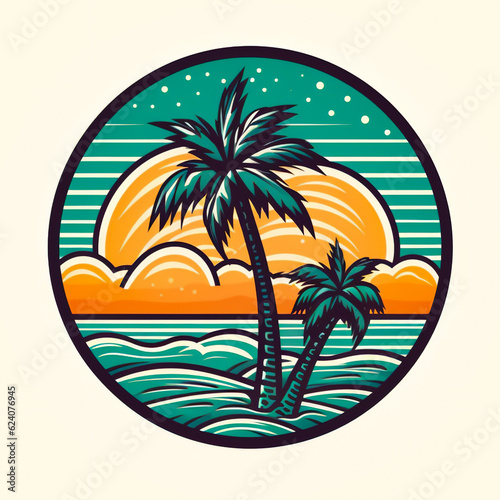 Palm trees against the sea. Palm trees against the backdrop of sunset or dawn. The postcard symbolizes rest, vacation and tourism. Generative AI illustration 