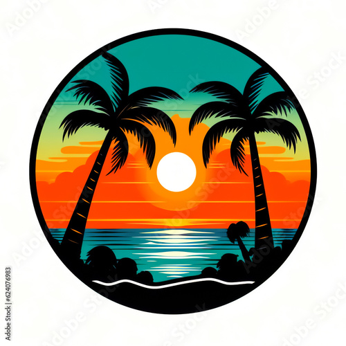 Palm trees against the sea.
Palm trees against the backdrop of sunset or dawn.
The postcard symbolizes rest, vacation and tourism. Generative AI illustration
