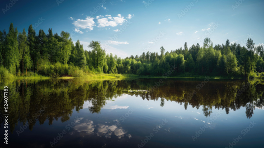 Serene lake reflecting surrounding foliage and summer sky
