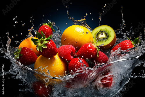Different fruits in splashes of water. Generative AI