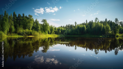 Serene lake reflecting surrounding foliage and summer sky