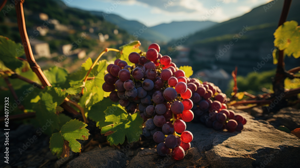 Fototapeta premium Clusters of ripe grapes on a mountainside in Italy created with generative AI technology