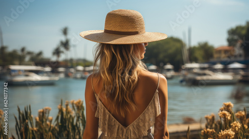 Woman in straw hat on holiday created with generative AI technology