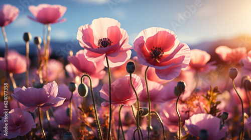 Field of pink poppies created with generative AI technology