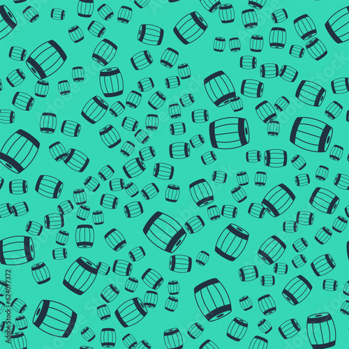 Black Wooden barrel icon isolated seamless pattern on green background. Alcohol barrel, drink container, wooden keg for beer, whiskey, wine. Vector