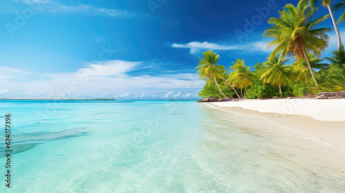 Tropical sand beach with palm trees and clear water on island