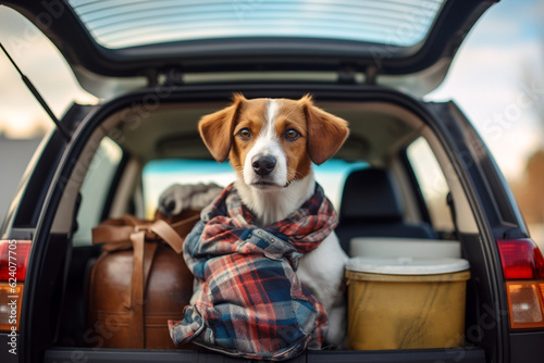 Cute puppy peeking through the car. Vacation travel concept. High quality photo