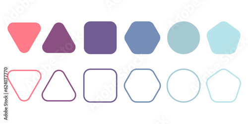 Rounded shape set. Line and flat shape elements. Colorful, pastel purple, blue polygons. Triangle, square, circle, pentagon, hexagon.