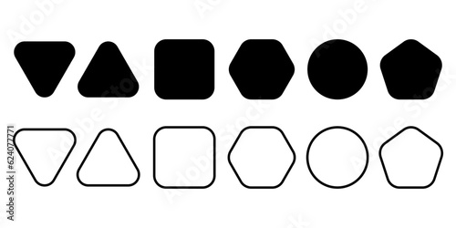 Rounded shape set. Line and flat shape elements. Black polygons. Triangle, square, circle, pentagon, hexagon.