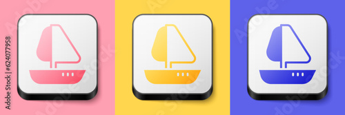 Isometric Yacht sailboat or sailing ship icon isolated on pink, yellow and blue background. Sail boat marine cruise travel. Square button. Vector