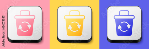 Isometric Recycle bin with recycle symbol icon isolated on pink, yellow and blue background. Trash can icon. Garbage bin sign. Recycle basket sign. Square button. Vector