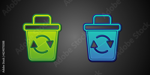 Green and blue Recycle bin with recycle symbol icon isolated on black background. Trash can icon. Garbage bin sign. Recycle basket sign. Vector