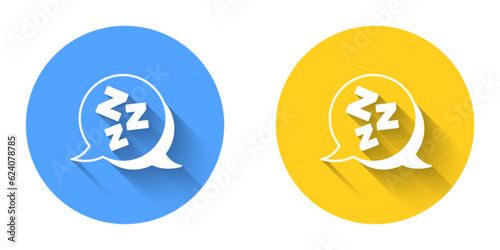 White Sleepy icon isolated with long shadow background. Sleepy zzz talk bubble. Circle button. Vector