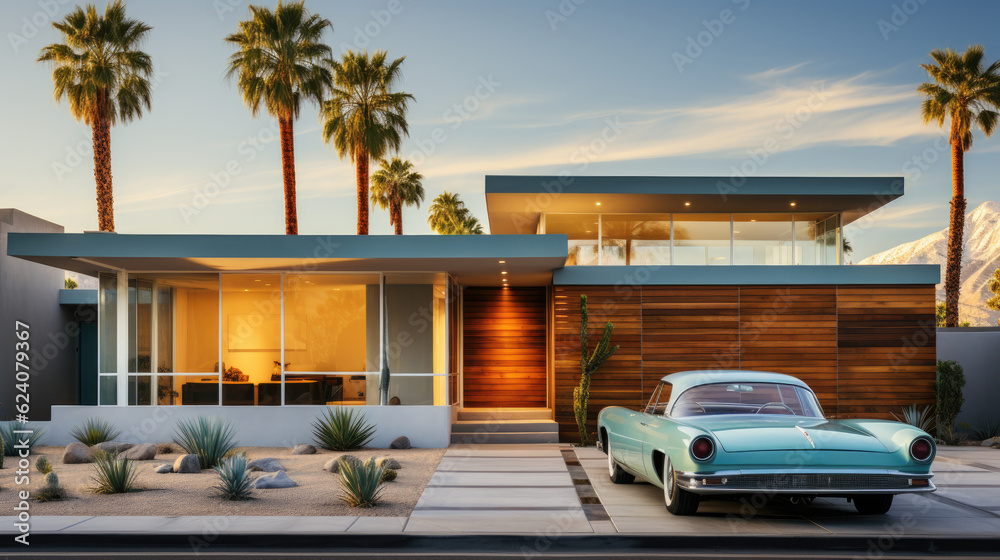 A sprawling California bungalow. A vintage car parked out front.