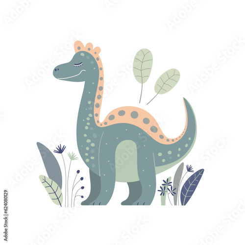 Illustration of a cute cartoon dinosaur. Characters for children s room and postcards vector.