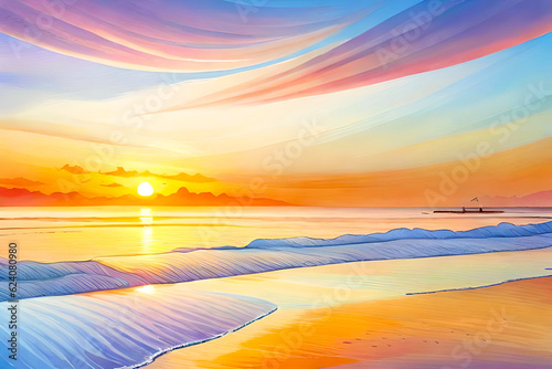 Tranquil watercolor vector sea beach at sunset background with soft pastel hues blending together in the sky