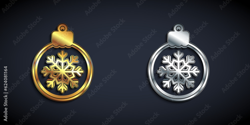Gold and silver Christmas ball icon isolated on black background. Merry Christmas and Happy New Year. Long shadow style. Vector