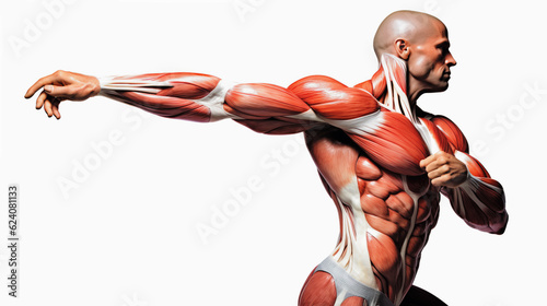 human anatomy and musculature isolated on white background, arm, chest and waist, Athletic Man's Anatomical upper body Muscles. Generative Ai