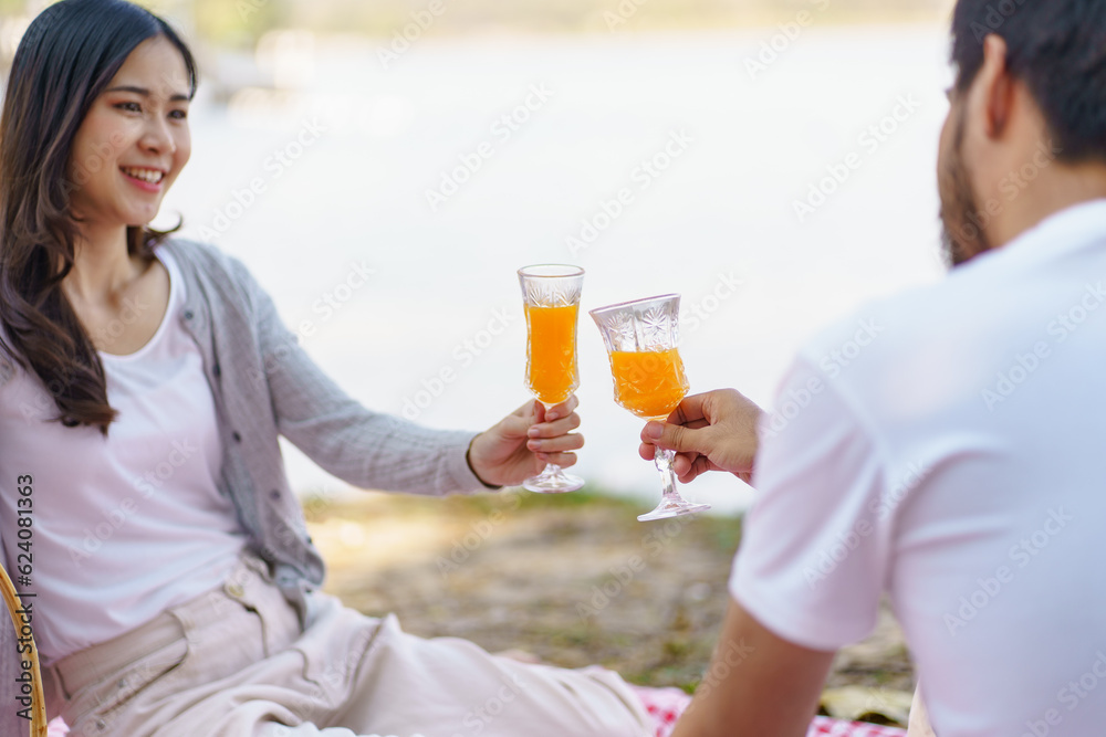 In love asian couple enjoying picnic time in park outdoors Picnic. happy couple relaxing together with picnic Basket In love asian couple enjoying picnic time in park outdoors Picnic. happy couple relaxing together with picnic Basket