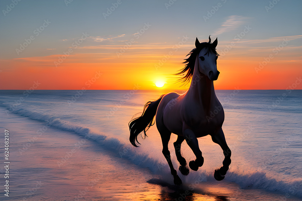 A horse galloping in front of the sunset sea, Generative AI A horse galloping in front of the sunset sea, Generative AI
