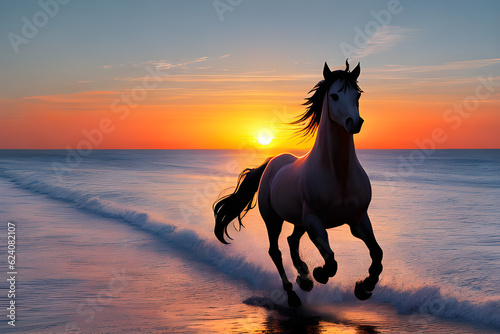 A horse galloping in front of the sunset sea, Generative AI