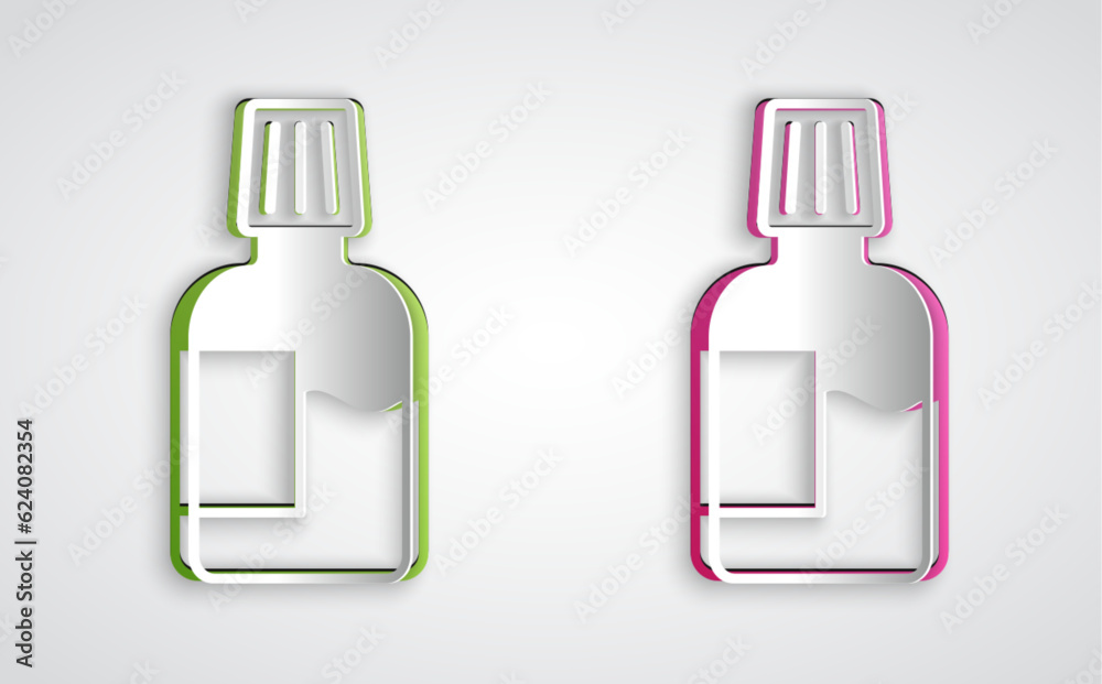Paper cut Mouthwash plastic bottle icon isolated on grey background. Liquid for rinsing mouth. Oralcare equipment. Paper art style. Vector Paper cut Mouthwash plastic bottle icon isolated on grey background. Liquid for rinsing mouth. Oralcare equipment. Paper art style. Vector