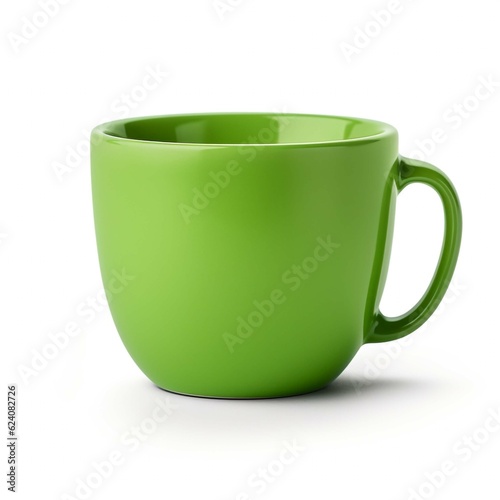 Green mug, coffee mug with green handle, large ceramic mug, porcelain mug, tea mug on isolated white background. photo