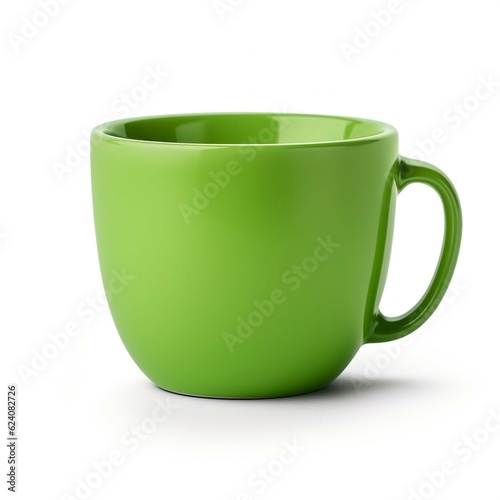 Green mug, coffee mug with green handle, large ceramic mug, porcelain mug, tea mug on isolated white background.