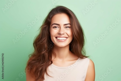 Smiling businesswoman  in front of green background  beautiful dark-haired woman in shirt  profile photo  isolated photo of people  employee photo