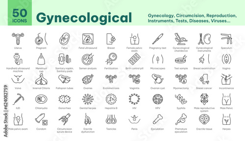 Icons gynecological, circumcision, reproduction, instruments, tests, diseases, viruses photo