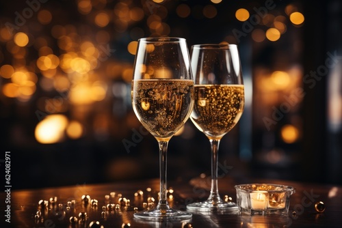 Two champagne glasses on bokeh background. Generative AI