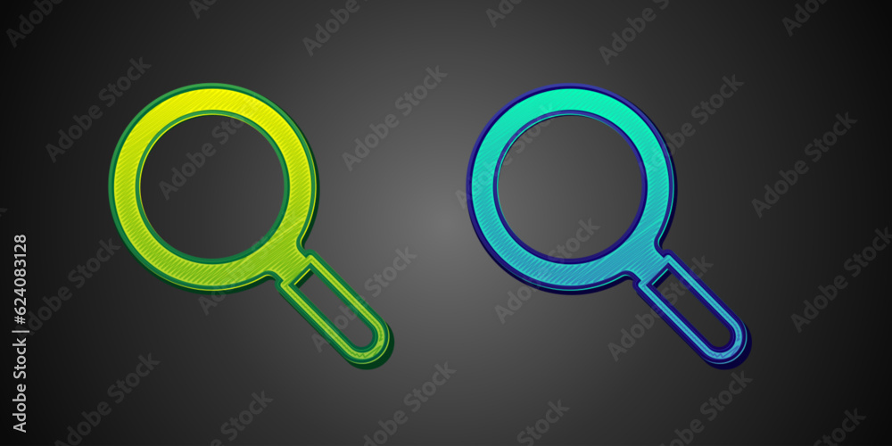 Green and blue Magnifying glass icon isolated on black background. Search, focus, zoom, business symbol. Vector Green and blue Magnifying glass icon isolated on black background. Search, focus, zoom, business symbol. Vector