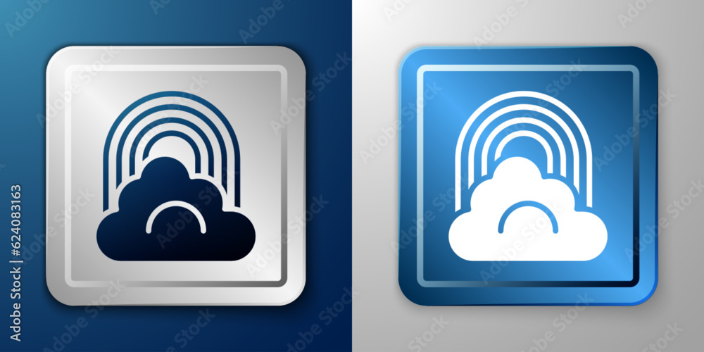 White Rainbow with cloud icon isolated on blue and grey background. Silver and blue square button. Vector White Rainbow with cloud icon isolated on blue and grey background. Silver and blue square button. Vector