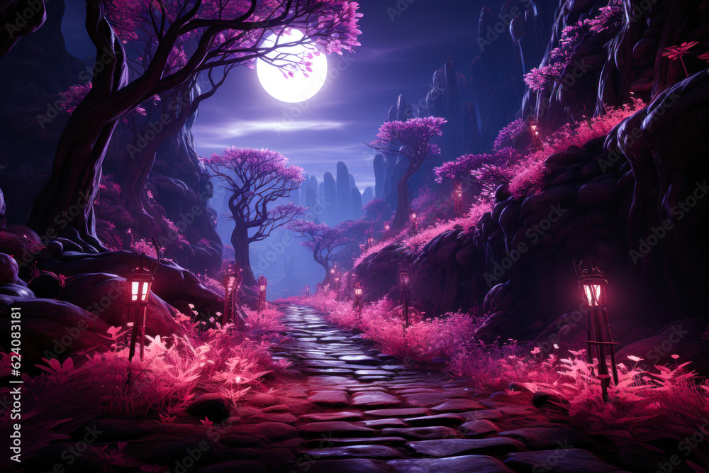 Fototapeta premium Torch lit path through red pink forest at night, fantasy landscape, full moon