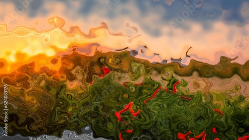 abstract animated twinkling stained background full HD seamless loop video - watercolor splotch liquid effect - color sunset landscape blue sky green red orange yellow sun