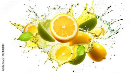 Lemons and limes explosion, fresh sliced flying in the air, water splashing isolated on white background, vitamin c, healthy food, baverage advertising, antioxidant, summer concept. Generative AI