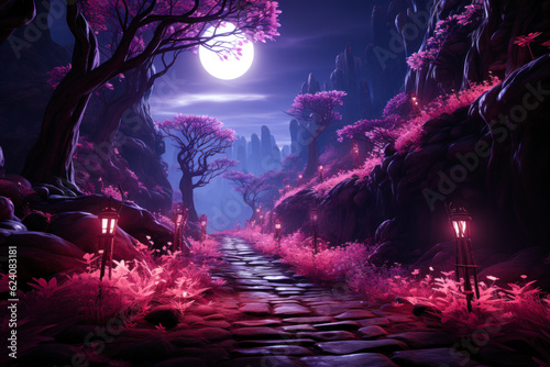 Torch lit path through red pink forest at night, fantasy landscape, full moon