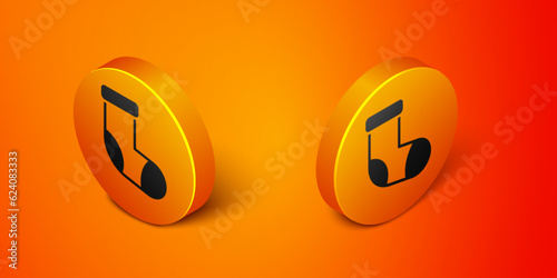 Isometric Christmas stocking icon isolated on orange background. Merry Christmas and Happy New Year. Orange circle button. Vector
