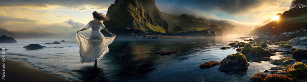 Woman in white dress dancing on ocean shore at dawn, panorama, wide, Celtic, Ireland