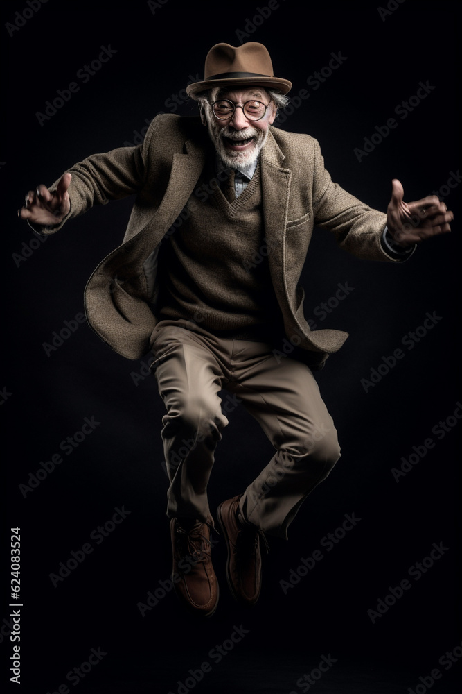 An elderly man in a suit jumps merrily in place