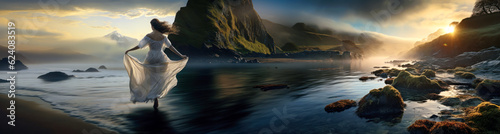 Woman in white dress dancing on ocean shore at dawn  panorama  wide  Celtic  Ireland
