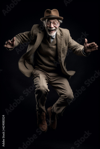 An elderly man in a suit jumps merrily in place